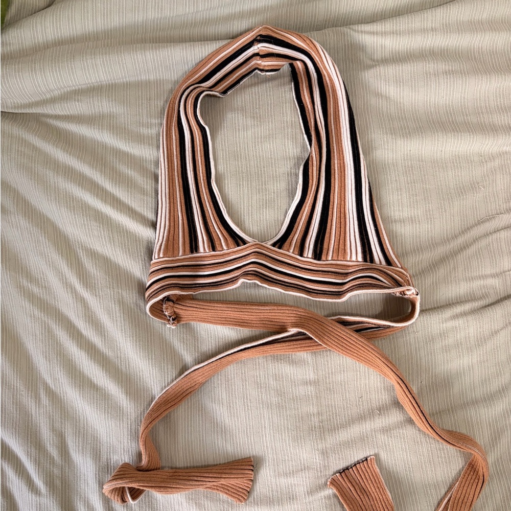 Striped Halter Crop Top in Tan, Black & White
